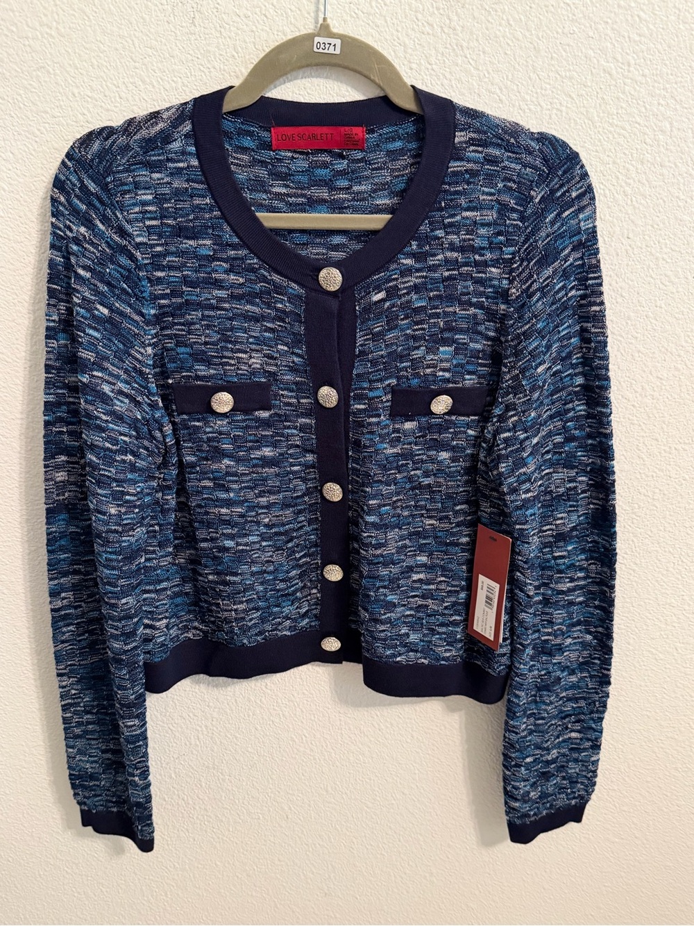 Love Scarlett Navy Blue Tweed-Style Cardigan with Contrast Trim